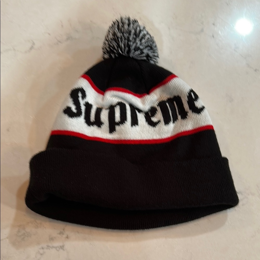Supreme Black and White Beanie with Red